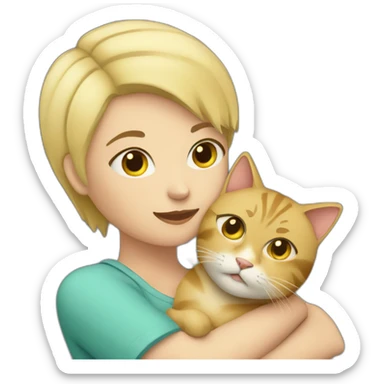 Woman with short blond hair hug cat sticker