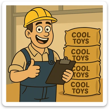 Edit the cartoon style cheerful factory worker scene by adding more golden bags in the background. Change the label on the bags to say 'cool toys' instead of sugar syrup. Keep the overall cartoon style and cheerful atmosphere consistent. sticker