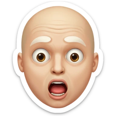 portrait of a bald man with a bleached face and heavily made-up eyes and mouth, a huge, wide-open mouth and a shocked look sticker