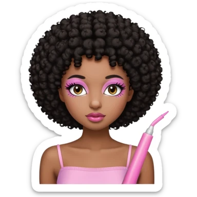 Dark brown skin girl with short black curly hair afro styled , she has pretty wispy cat eyelashes and is wearing a light pink tube top with lip gloss  sticker
