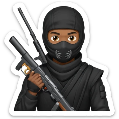 A black male in a ninja mask with a gun sticker