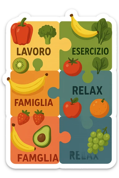 Puzzle (Lavoro, Esercizio, Famiglia, Relax), and healthy foods are integrated into each piece. in italiano sticker