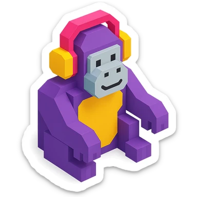 voxel style gorilla sitting and listening to music with headphones, isometric view sticker