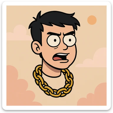 floating head, black hair, gold rapper chain, cartoon style, modern flat toon style illustration, bold lines sticker