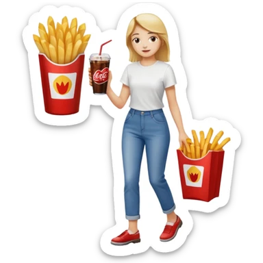 a young woman full length with cola in one hand and french fries in the other hand and a painting under her arm walking left sticker