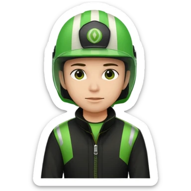 ojek online driver, using motorbike, the helmet is green. green jacket, not green motorbike (maybe a black jacket with green stripes just a little) then please make the driver not looking at "camera". the first one is good. but can you make the driver just look at the road not looking at me sticker