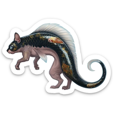 Edgy badass swimmy wet painted intricate ornate Japanese Asian koi-Minccino-Lykoi-Emolga-Sphynx-Linoone-Zangoose-fusion-hybrid-animal-Fakémon-creature, full body, thin long sleek scaly tail, intricate markings sticker