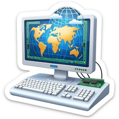 An icon featuring a computer monitor displaying code, a globe with network nodes, and a circuit board, symbolizing IT. The design includes data streams, cloud storage, and a keyboard, representing digital innovation, connectivity, and problem-solving. Transparent background sticker