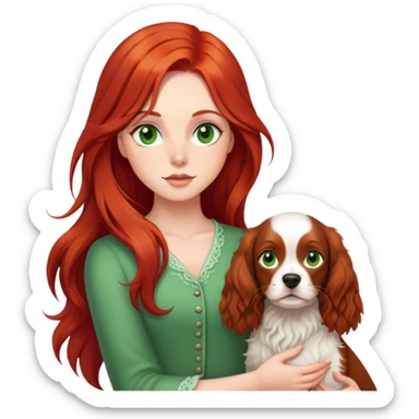 girl with long redhaed  with greens eyes on the spaniel in hand  sticker