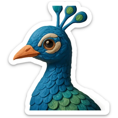 close-up of a peacock's head and neck, soft lighting, detailed feathers, claymation style sticker
