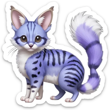  Realistic dull gloomy-dark-deep-grayish-indigo-violet-gradients fur with random markings beautiful elegant pretty precious cute  Fakémon-Pokémon-opossum-feline-serval-caracal-chinchilla-Minccino-hybrid-creature with a big fluffy bushy striped tail (full body) sticker