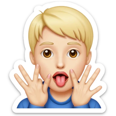 Fingers in front of face with tongue sticker