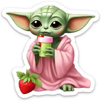 Baby yoda wearing a pink nightgown, applying skincare and drinking a strawberry matcha  sticker