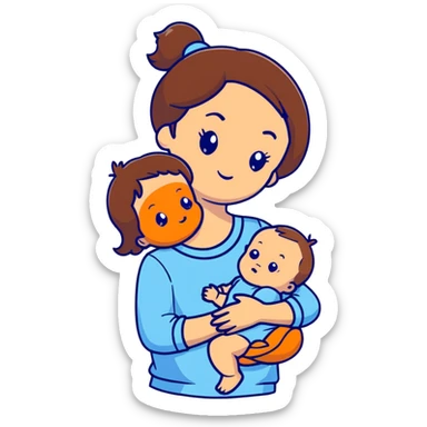 brunette girl with brown hair wearing pastel blue clothes holding a baby sticker