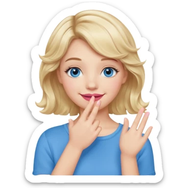 Girl Blonde short wavy hair,  blue eyes, cute blue top, long lashes, pink lips, smiling, hand covering the mouth sticker