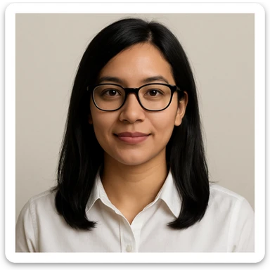 upper body portrait of a medium black haired girl, black glasses, light tan skin, white collared shirt, subtle smile, minimal background sticker