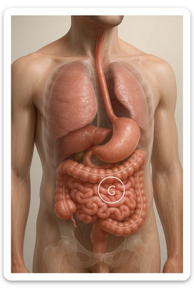 a 3D cutaway view of the human digestive tract, showing an Anisakis larva attached to the intestinal wall. in a man sticker