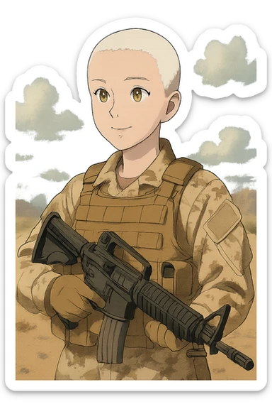 1 female, US soldier, 2010's era, she is wearing tan desert camo and a plate carrier with an m-16, gold yellow eyes, short buzzed white hair, face covered sticker