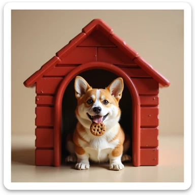 realistic red dog house with a Corgi dog inside, Corgi with a cookie, photorealistic style sticker