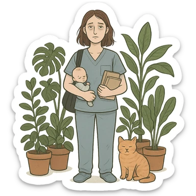 tall medium-build woman with shoulder-length brown hair, pale skin, gray eyes, looking tired, surrounded by house plants and a cat, representing a full-time mom, student, and nurse sticker
