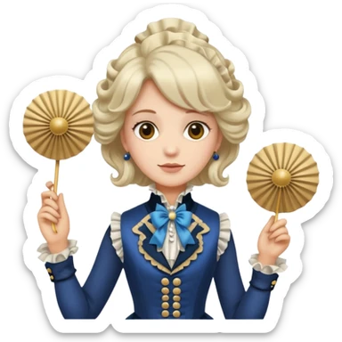 An emoji portrait of a French aristocrat. He wears a powdered wig and a silk waistcoat with a ruffled jabot. His expression is poised and refined, and he holds a fan. sticker