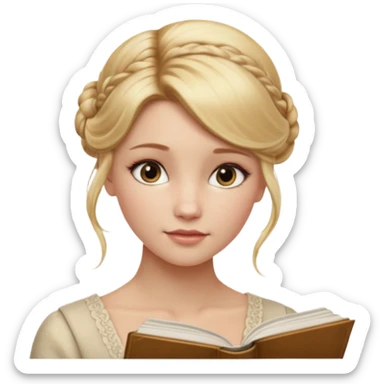 Cinematic Realistic Journal Portrait, depicted with lifelike skin texture, subtle rosy undertones, and soft natural lighting that enhances the gentle contours of her face. Her intricately detailed golden blonde hair is elegantly styled in an updo, sticker