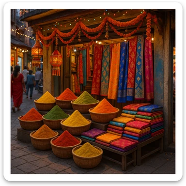 an Indian shop with baskets of spices and fabrics outside, festive, no text sticker