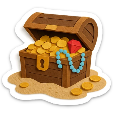 illustration of a treasure chest overflowing with gold coins and jewels on a sandy beach in paper-craft style sticker