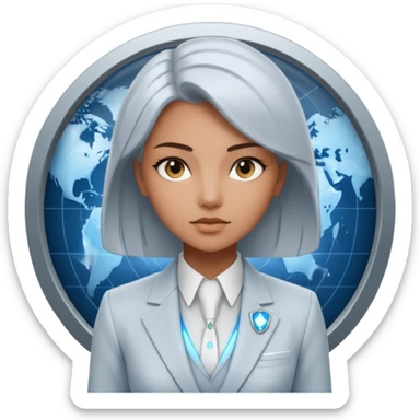 Artemis, A sleek female avatar with a focused, forensic gaze, wearing a minimalist white and silver tailored suit accented with moonlight blue. She is analyzing a transparent holographic interface displaying complex global sovereign credit data. sticker