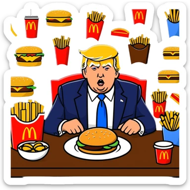 Donald Trump in a playful war room, surrounded by McDonald's food, cartoon sticker style sticker