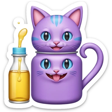 Smiling bottle of oil light purple top and light blue sticking tongue out and with cat ears sticker