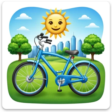 emoji of a blue bike with a park background with green grass and sun, lively and inviting sticker