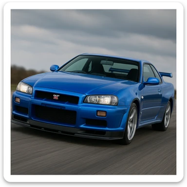 Nissan Skyline GTR R34, front angle, blue, sporty, dynamic sticker
