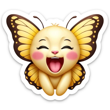 Cinematic Adorable Yawning Butterfly Portrait Emoji, Head tilted slightly with a dramatic, wide-open yawn, showcasing a delicate, softly fluttering body with gently drooping wings and sleepy, half-closed eyes, Simplified yet irresistibly cute features, highly detailed, glowing with a soft, cozy luminescence, high shine, relaxed yet expressive, stylized with a dash of whimsical floral charm, soft glowing outline, capturing the essence of a drowsy butterfly that appears ready to rest its wings for a nap! sticker