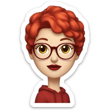 white woman with dark red pixie cut and long eyelashes and big red glasses red lips and red hoody sticker