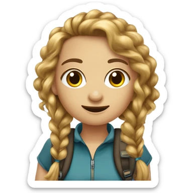 ragazza dai capelli biondi e lisci, occhi azzurri, con zaino e bastoncini che cammina in un trekking sticker