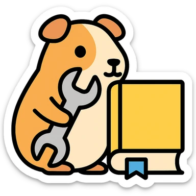 guinea pig (cavia) holding a wrench, fixing a book, color outline icon sticker