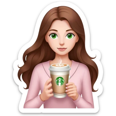 pretty woman with very long brown hair and green eyes and light pink outfit with a latte sticker