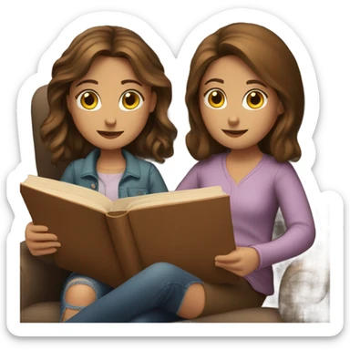 Two girls with brown hair sitting in cozy chair reading books together  sticker