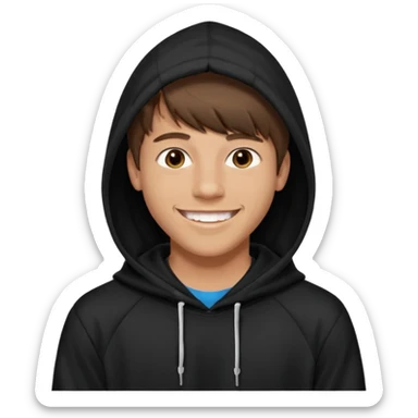 20 yr old man, brown hair, straight, big smile, white teeth, tanned skin, bangs, black hooded sweatshirt, long hair in back, center-parted bangs sticker