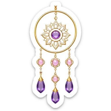 Epic Hanging gold suncatcher, threads with shiny sparkly amethyst and rose-quartz gemstones,  sticker