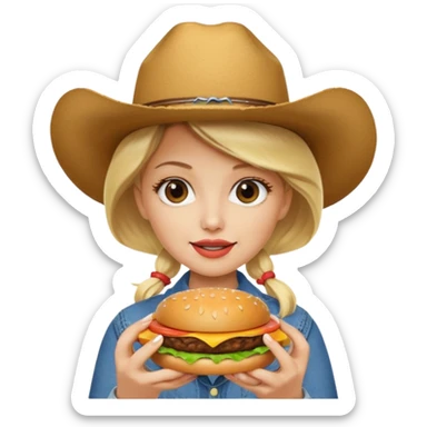 blonde female wearing cowboy eating hamburger sticker