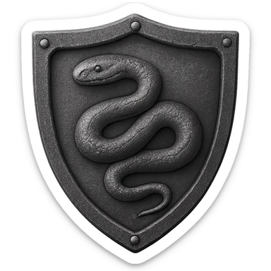 Replace the rat on the iron shield with a snake. Keep the style realistic metallic iron, slightly worn, in emoji style with transparent background. sticker