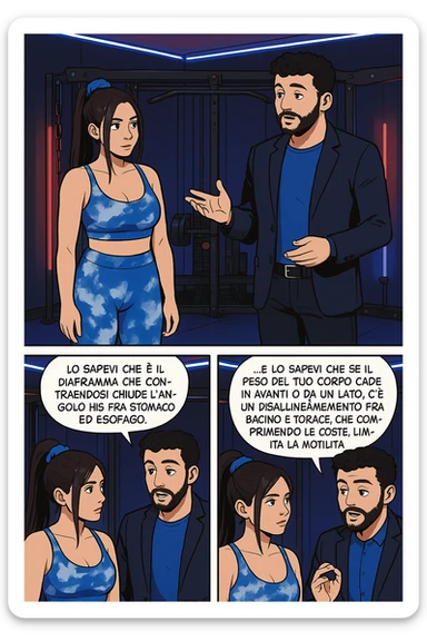 TRASFORMA QUESTO CAROSELLO IN UN FUMETTO STILE WEBTOON/MANGA A COLORI CON QUESTE DUE PERSONE IDENTICHE CHE INTERLOQUISCONO TRA LORO, L'uomo sta spiegando alla donna questo concetto:

LUI (UOMO): Hai controllato diaframma e baricentro corporeo?
LUI (UOMO): Lo sapevi che è il diaframma che contraendosi chiude l’angolo his fra stomaco ed esofago, contenendo la risalita degli acidi grassi?
LUI (UOMO): …e lo sapevi che se il peso del tuo corpo cade in avanti o da un lato, c’è un disallineamento fra bacino e torace, che comprimendo le coste, limita la motilità del diaframma e quindi il contenimento del reflusso? sticker