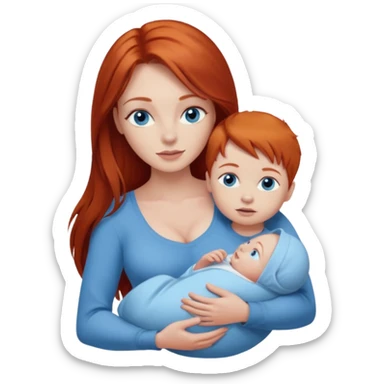 A red head with long straight hair, she has blue eyes with big boobs and a baby boy with blue eyes sticker