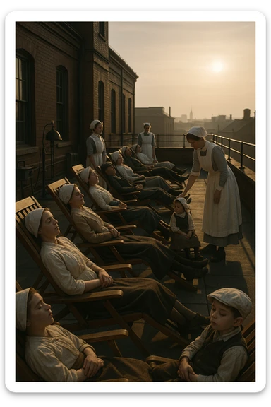A realistic cinematic image of a hospital rooftop solarium from the 1900s, patients sunbathing under nurse supervision for heliotherapy against tuberculosis and rickets. sticker