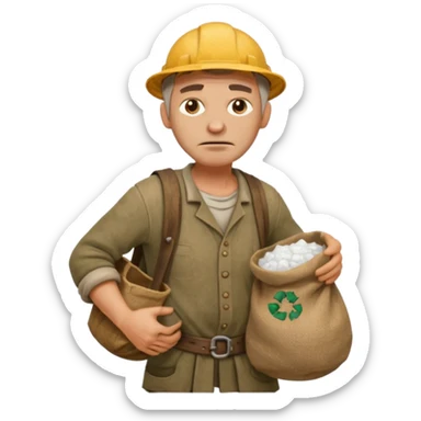 Emoji portrait of a Celtic salt worker. Dirty clothes, weary expression, carrying a sack on his shoulder. sticker