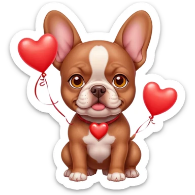 Red brown  French bulldog puppy with yellow eyes carrying red heart balloons  sticker