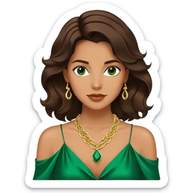 Emoji femenino con cabello suelto corto hasta los hombros castaño oscuro con ondas. Tono de piel bronceado. Viste camisa satinada verde esmeralda y lleva tres collares color dorado. Diseño minimalista pero elegante. sticker