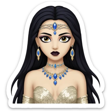 Akasha from Queen of the Damned with long black hair, ivory sequin outfit sticker